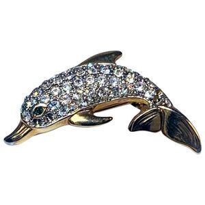 Vintage Shimmering Crystal Rhinestone Bling Dolphin Fish Gold Tone Brooch Pin